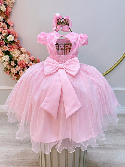 Vestido infantil rosa claro con encaje y apliques de flores