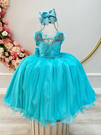 Vestido infantil verde con encaje y cinturón de perlas para niñas de flores