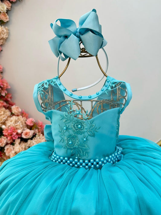 Vestido infantil verde con encaje y cinturón de perlas para niñas de flores
