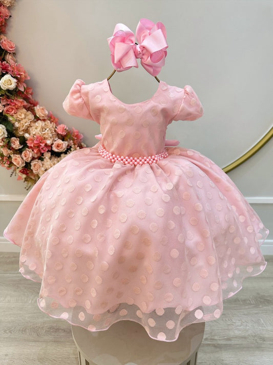 Vestido infantil de tul rosa claro con lunares y perlas de lujo