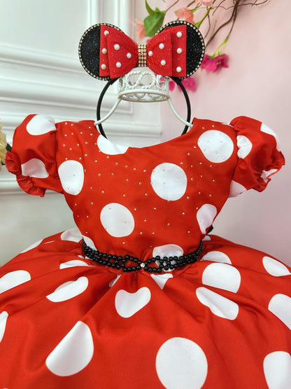Vestido infantil de Minnie Mouse rojo con pedrería para fiestas