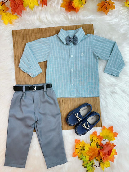 Conjunto Infantil: Camisa de Rayas Verdes y Pantalón Gris con Cinturón
