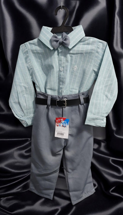 Conjunto Infantil: Camisa de Rayas Verdes y Pantalón Gris con Cinturón