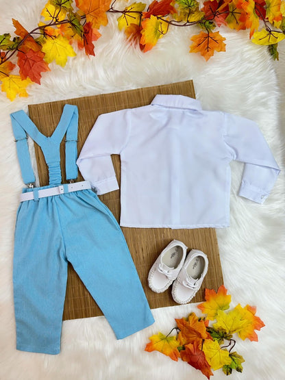 Conjunto infantil: Camisa blanca con pantalón de tirantes y corbata azul