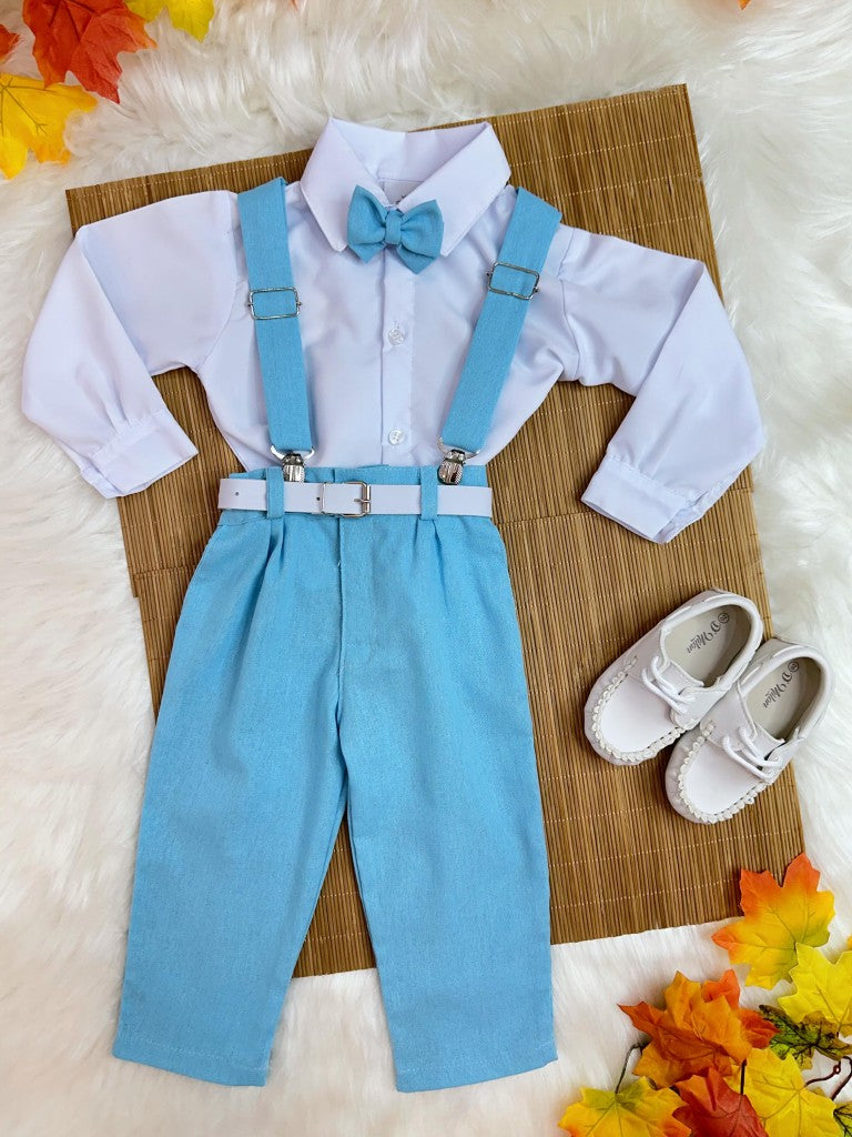 Conjunto infantil: Camisa blanca con pantalón de tirantes y corbata azul