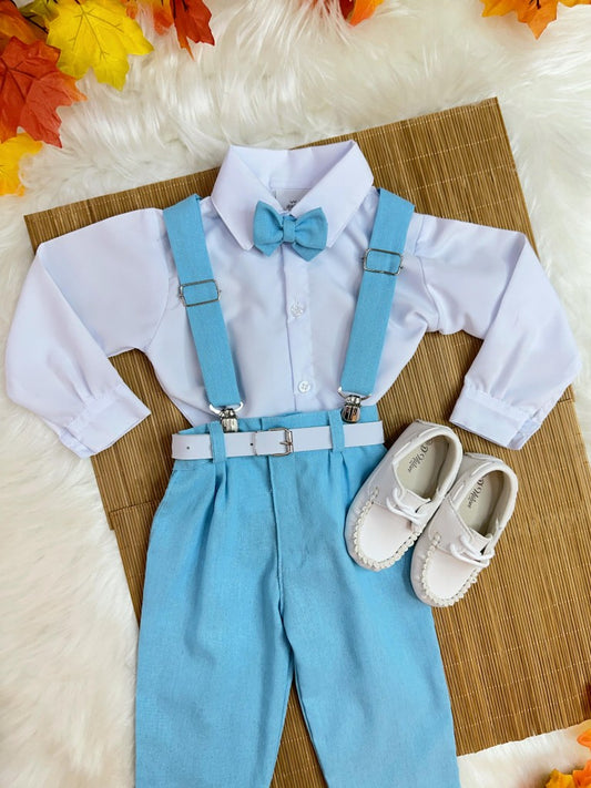 Conjunto infantil: Camisa blanca con pantalón de tirantes y corbata azul