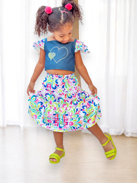 Conjunto para niña: blusa vaquera y falda de lujo colorida