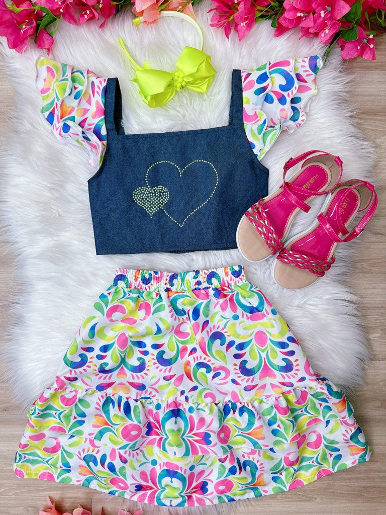 Conjunto para niña: blusa vaquera y falda de lujo colorida