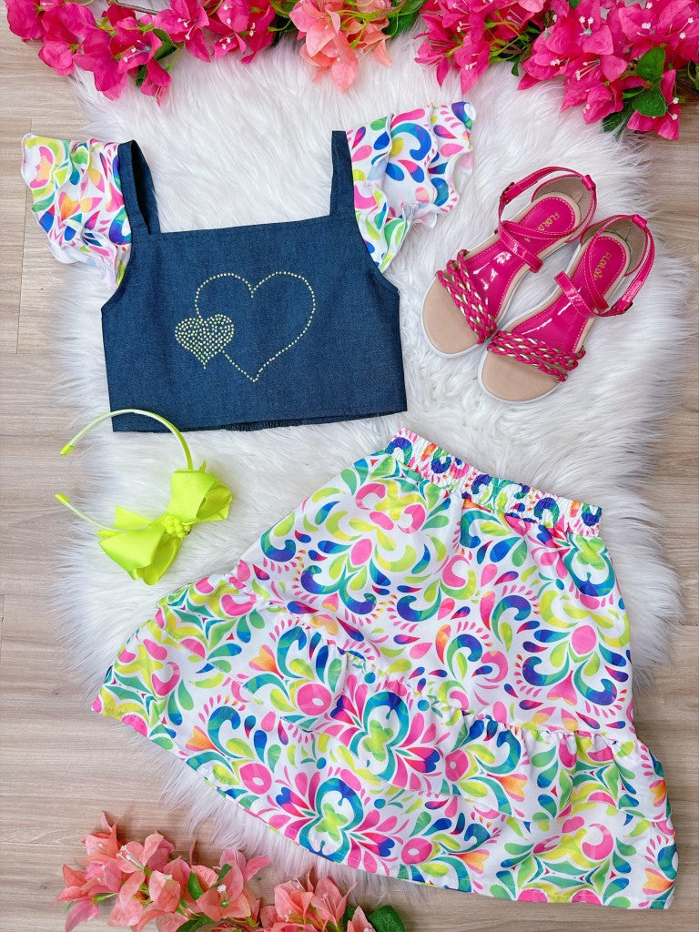 Conjunto para niña: blusa vaquera y falda de lujo colorida
