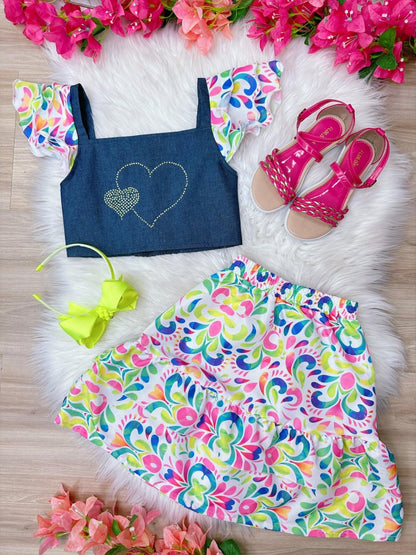 Conjunto para niña: blusa vaquera y falda de lujo colorida
