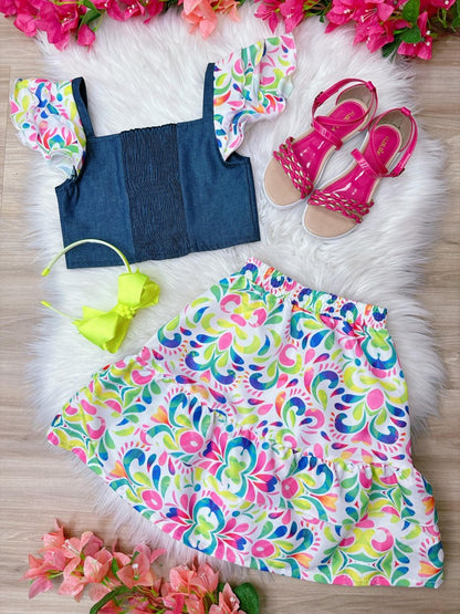 Conjunto para niña: blusa vaquera y falda de lujo colorida