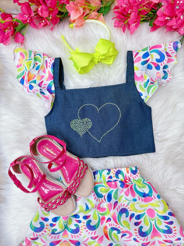 Conjunto para niña: blusa vaquera y falda de lujo colorida