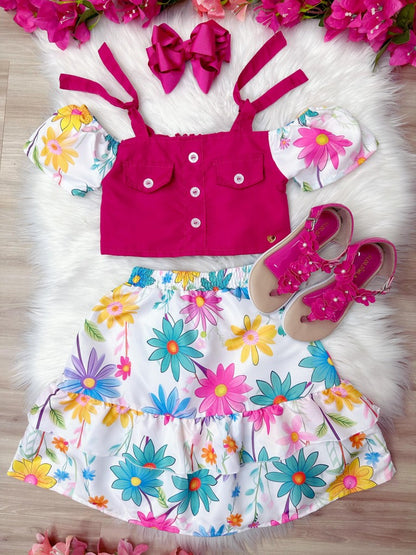 Conjunto Niña Blusa Rosa y Falda Florida Margaritas Lujo