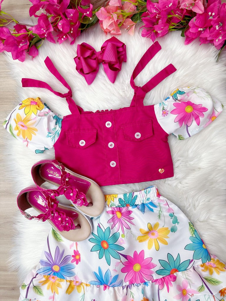 Conjunto Niña Blusa Rosa y Falda Florida Margaritas Lujo