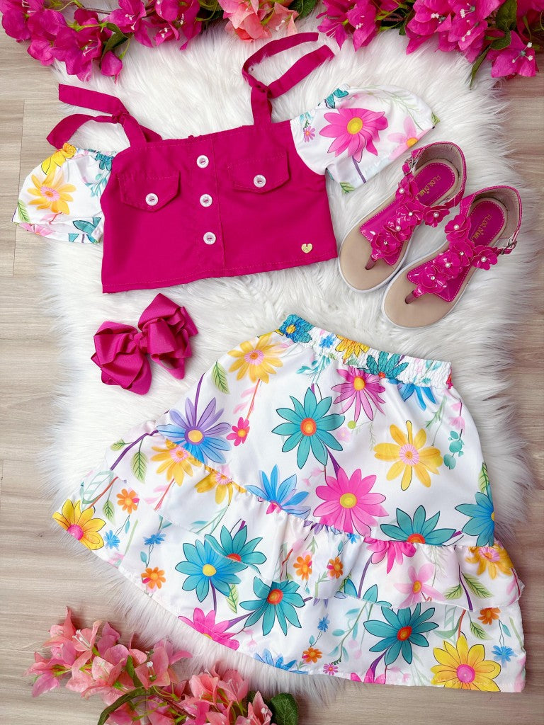 Conjunto Niña Blusa Rosa y Falda Florida Margaritas Lujo