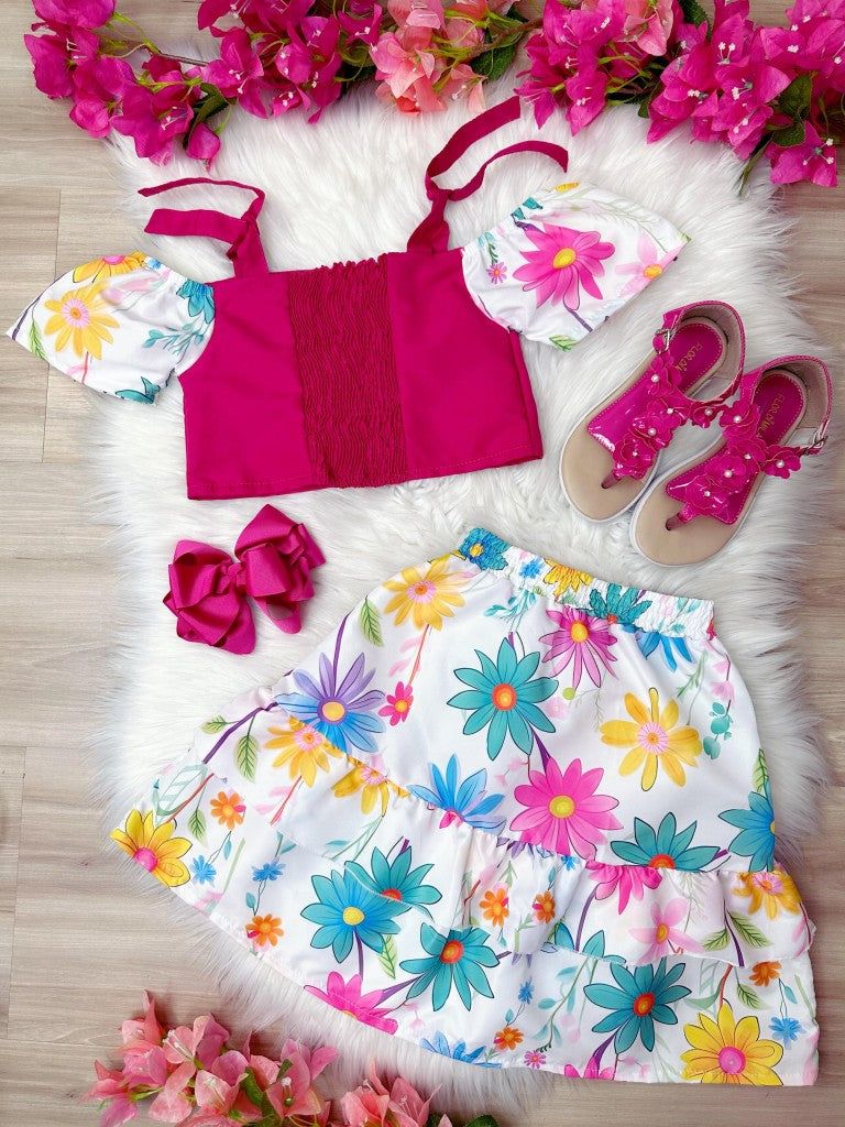 Conjunto Niña Blusa Rosa y Falda Florida Margaritas Lujo