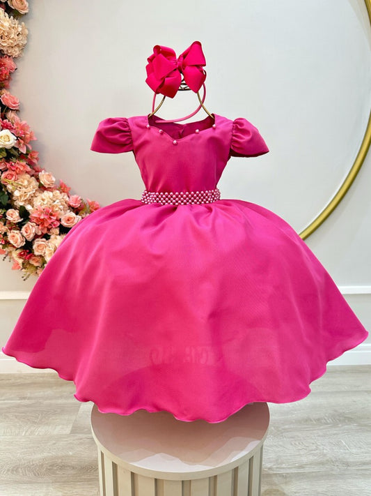 Vestido infantil rosa oscuro con cinturón de perlas para niñas de flores de lujo