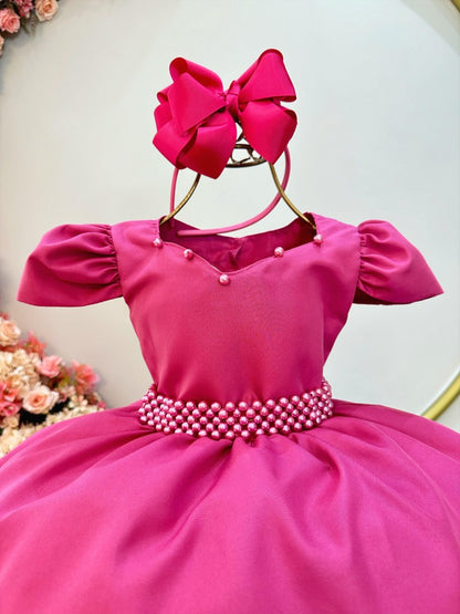 Vestido infantil rosa oscuro con cinturón de perlas para niñas de flores de lujo