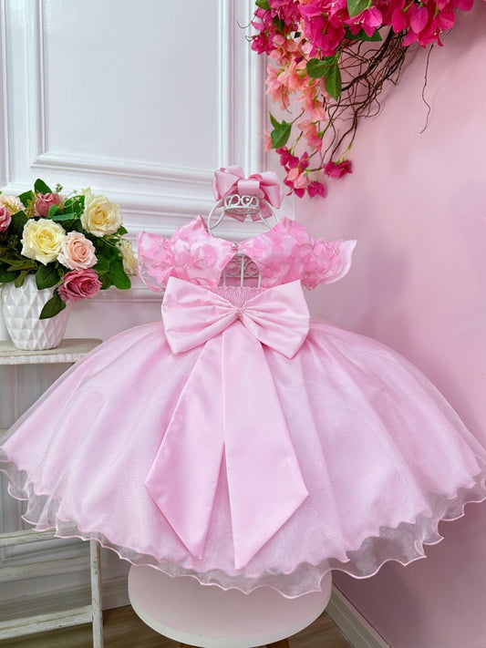 Vestido infantil rosa con encaje de mariposas de lujo