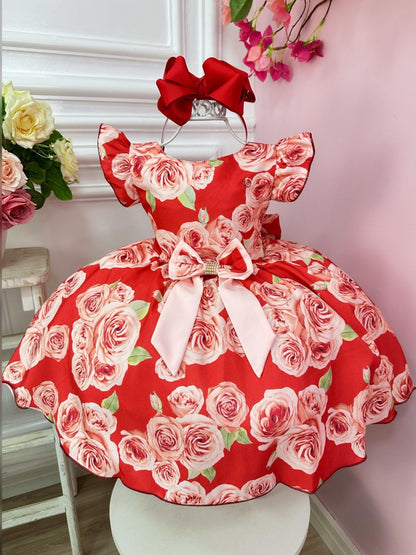 Vestido infantil de rosa roja con lazo de diamantes de imitación de lujo 