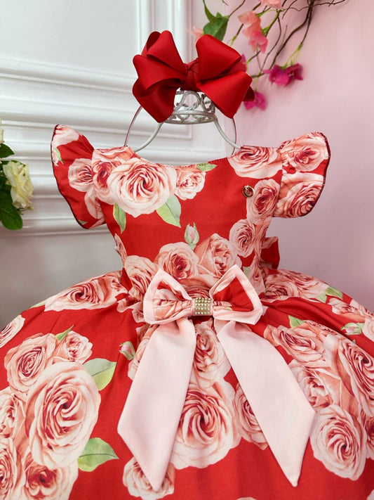 Vestido infantil de rosa roja con lazo de diamantes de imitación de lujo 