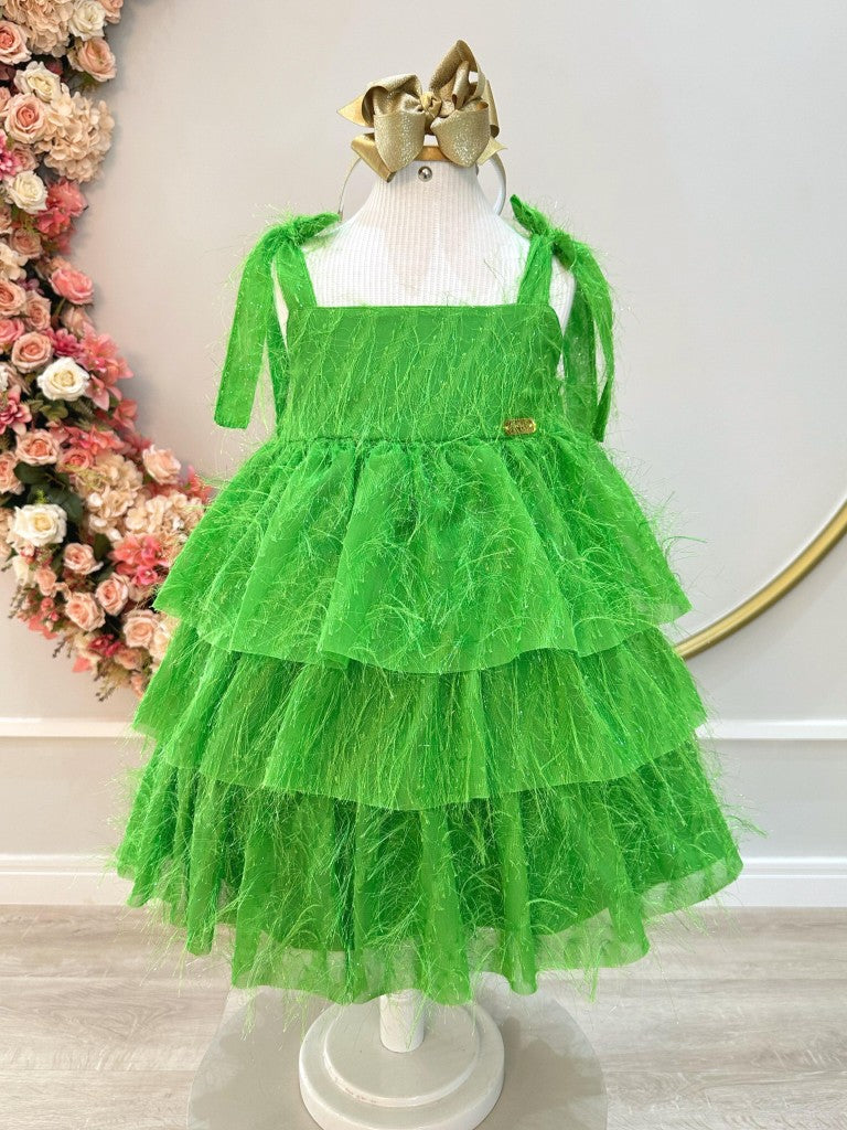 Vestido infantil verde con tirantes y plumas de lujo