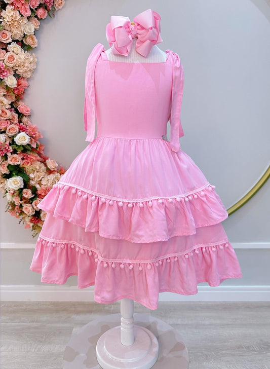 Vestido infantil rosa claro con tirantes, informal, de lujo.