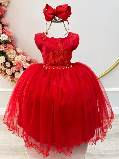 Vestido de dama de honor infantil rojo con cinturón de perlas y diamantes de imitación 