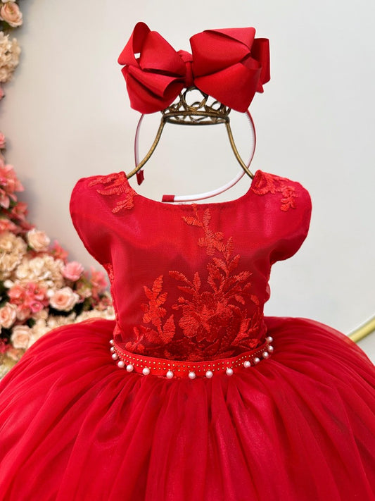 Vestido de dama de honor infantil rojo con cinturón de perlas y diamantes de imitación 