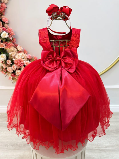 Vestido de dama de honor infantil rojo con cinturón de perlas y diamantes de imitación 