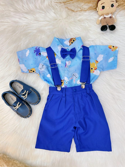 Conjunto Bolofofos para niño en azul con shorts con tirantes y camisa