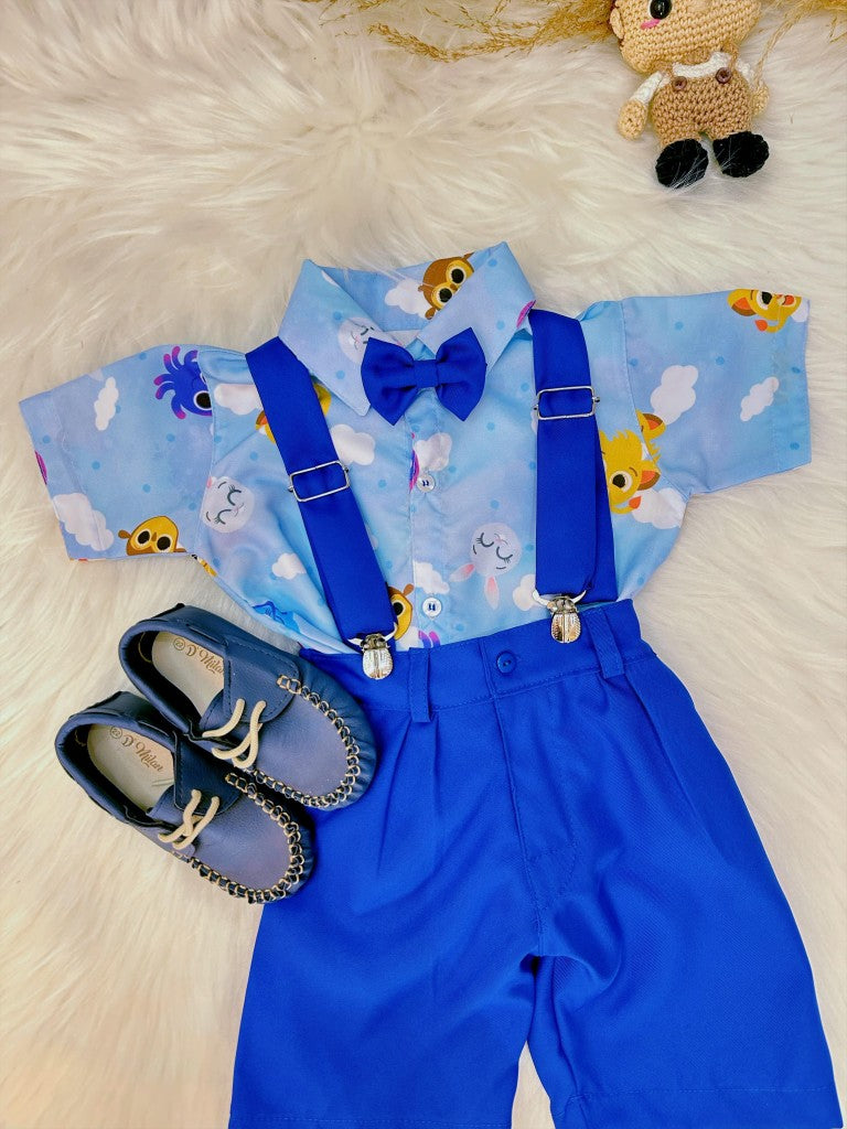 Conjunto Bolofofos para niño en azul con shorts con tirantes y camisa