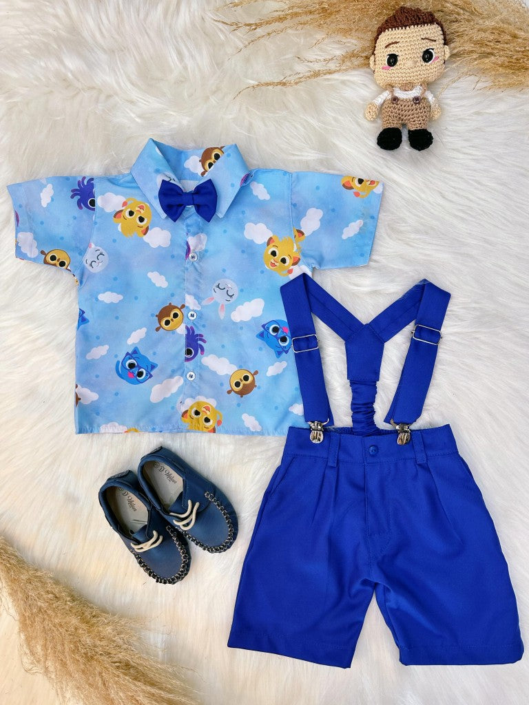 Conjunto Bolofofos para niño en azul con shorts con tirantes y camisa