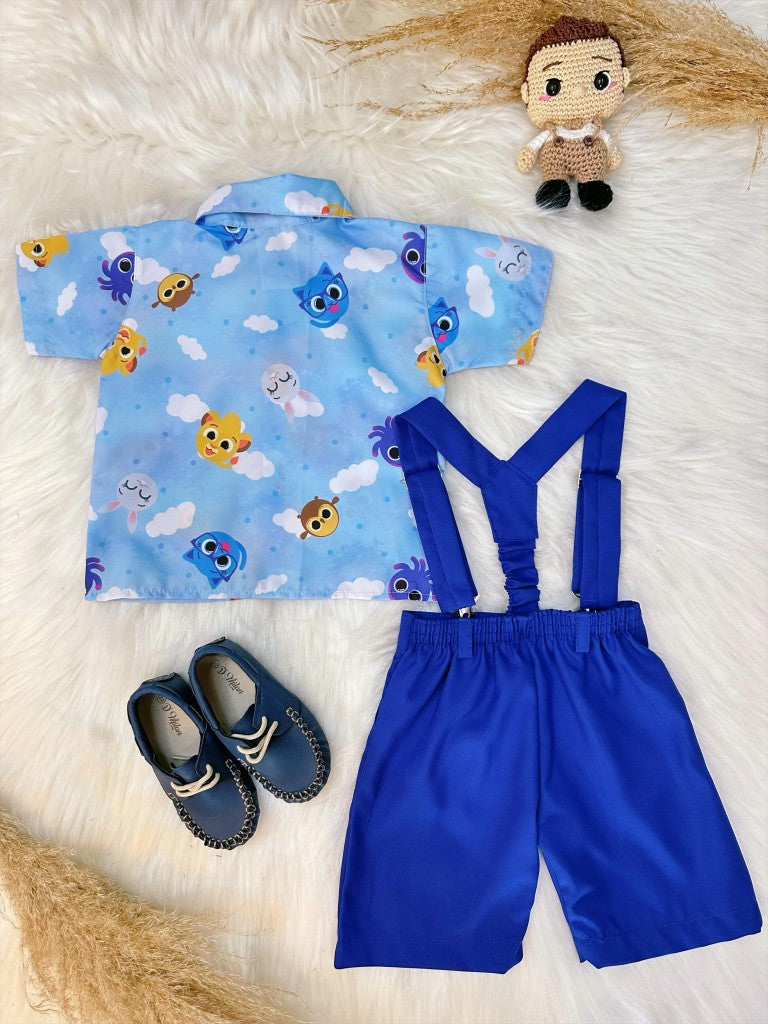 Conjunto Bolofofos para niño en azul con shorts con tirantes y camisa