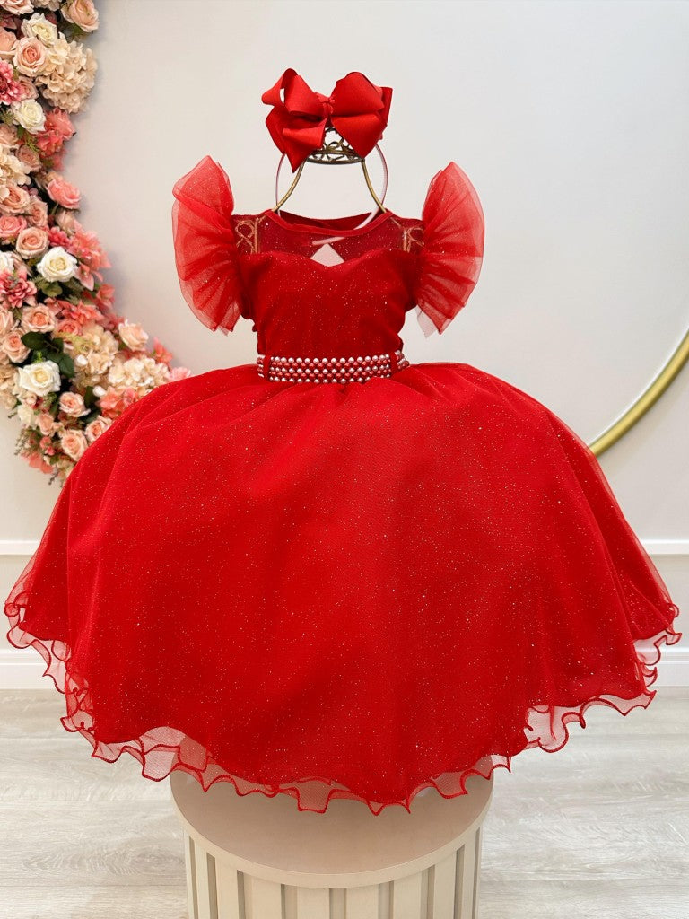 Vestido infantil rojo con cinturón de perlas para damas de honor