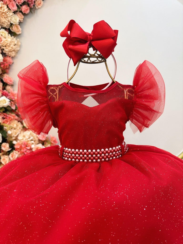 Vestido infantil rojo con cinturón de perlas para damas de honor