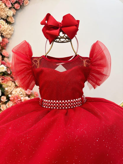 Vestido infantil rojo con cinturón de perlas para damas de honor