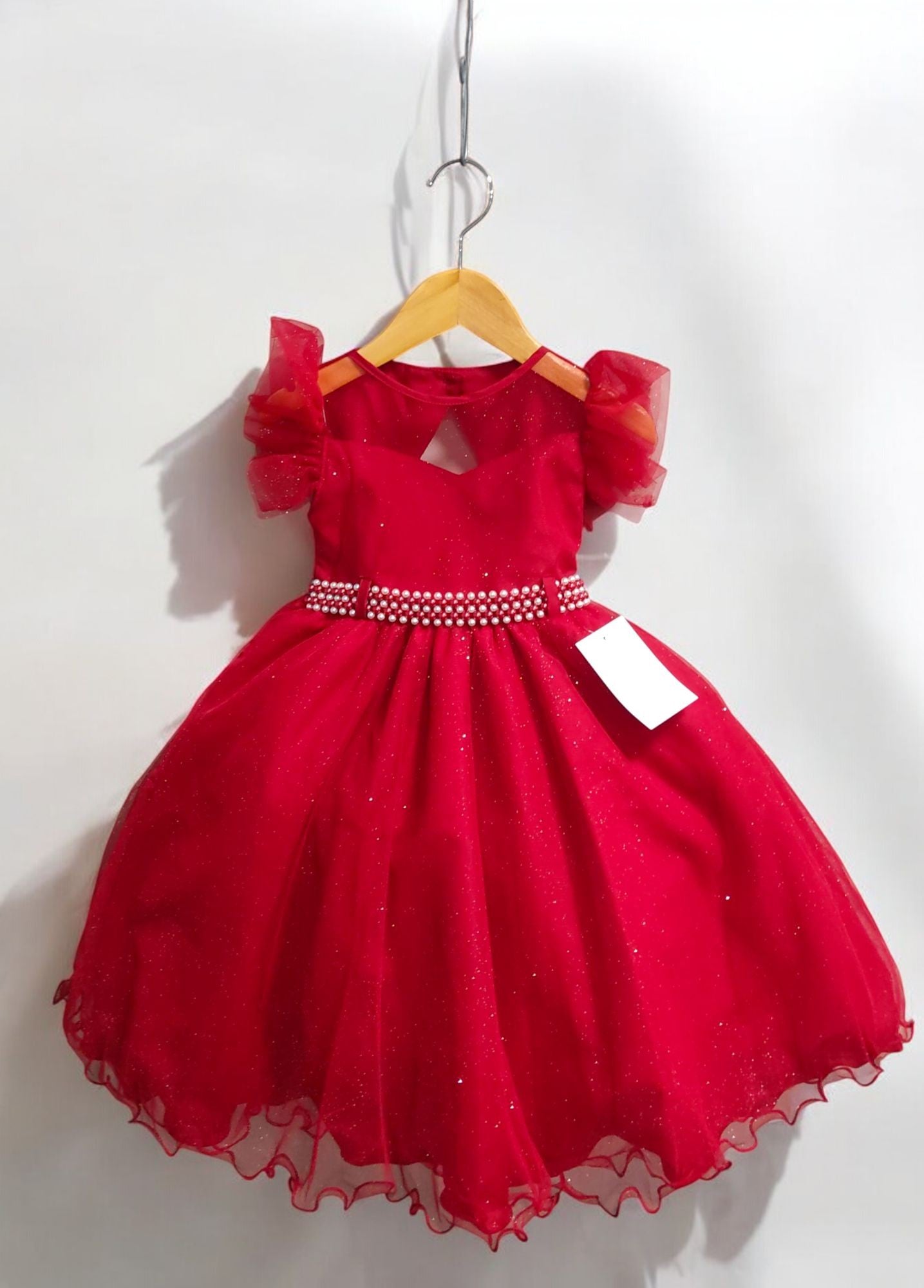 Vestido infantil rojo con cinturón de perlas para damas de honor