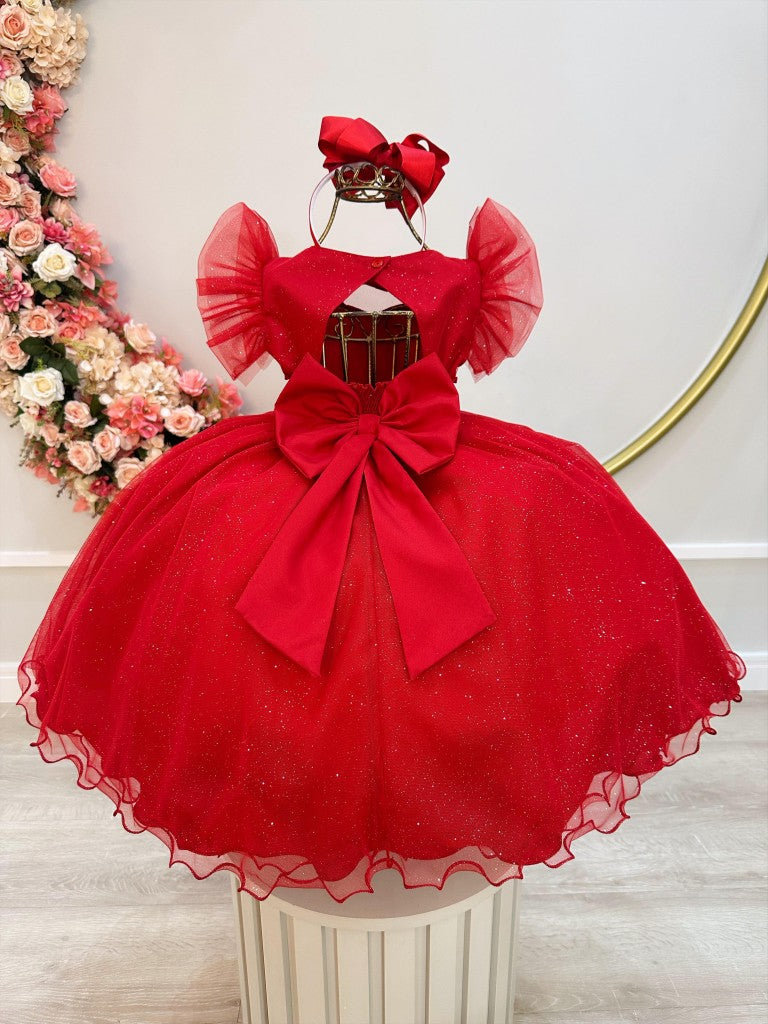 Vestido infantil rojo con cinturón de perlas para damas de honor