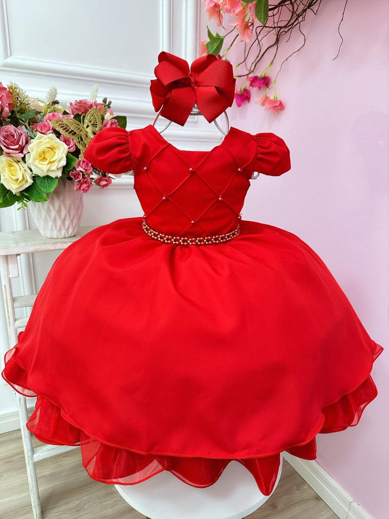 Vestido infantil rojo con cinturón de perlas, boda de lujo