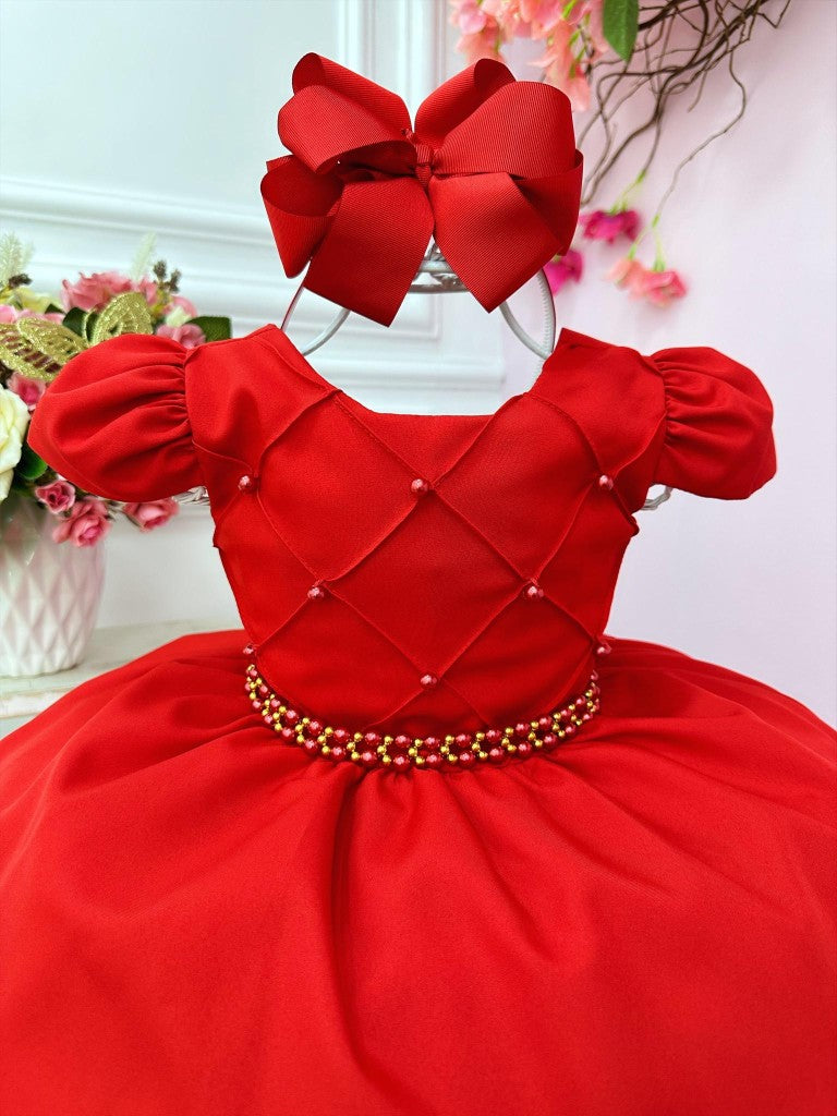 Vestido infantil rojo con cinturón de perlas, boda de lujo
