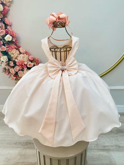 Vestido infantil color salmón claro con pedrería en el busto para damas de honor
