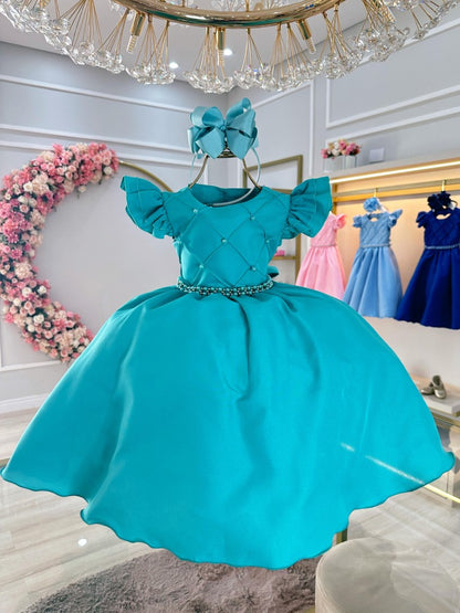 Vestido infantil verde con perlas y busto acanalado para fiestas
