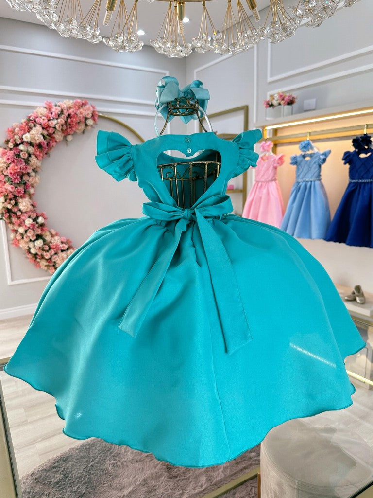 Vestido infantil verde con perlas y busto acanalado para fiestas
