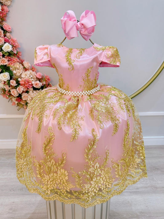 Vestido infantil rosa con encaje real dorado y perlas