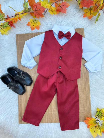 Conjunto Infantil Camisa Blanca Pantalón Chaleco Corbata Marsala