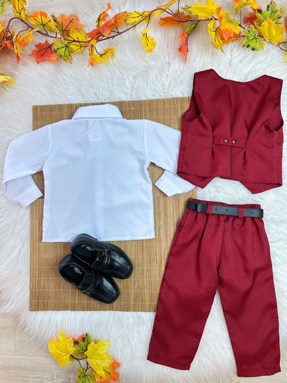 Conjunto Infantil Camisa Blanca Pantalón Chaleco Corbata Marsala