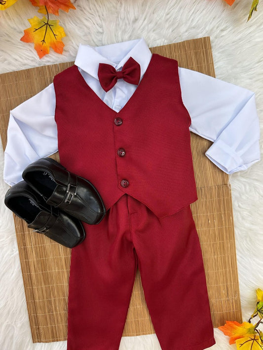 Conjunto Infantil Camisa Blanca Pantalón Chaleco Corbata Marsala