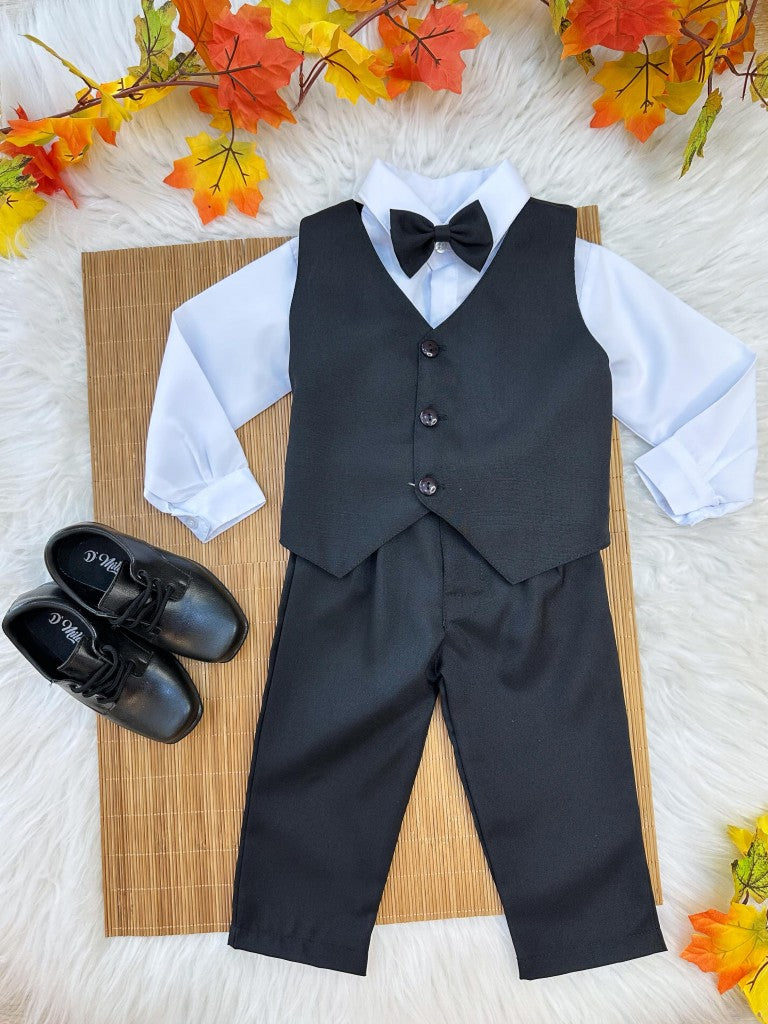 Conjunto infantil: Camisa blanca, pantalón, chaleco y corbata negra 