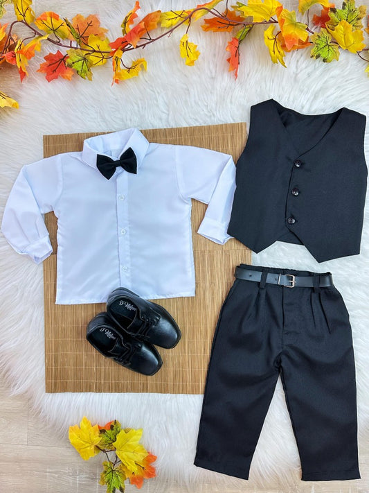 Conjunto infantil: Camisa blanca, pantalón, chaleco y corbata negra 